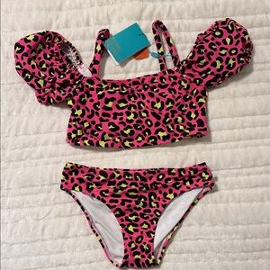 Posh Peanut Pink and Green Leopard Kids Bikini
